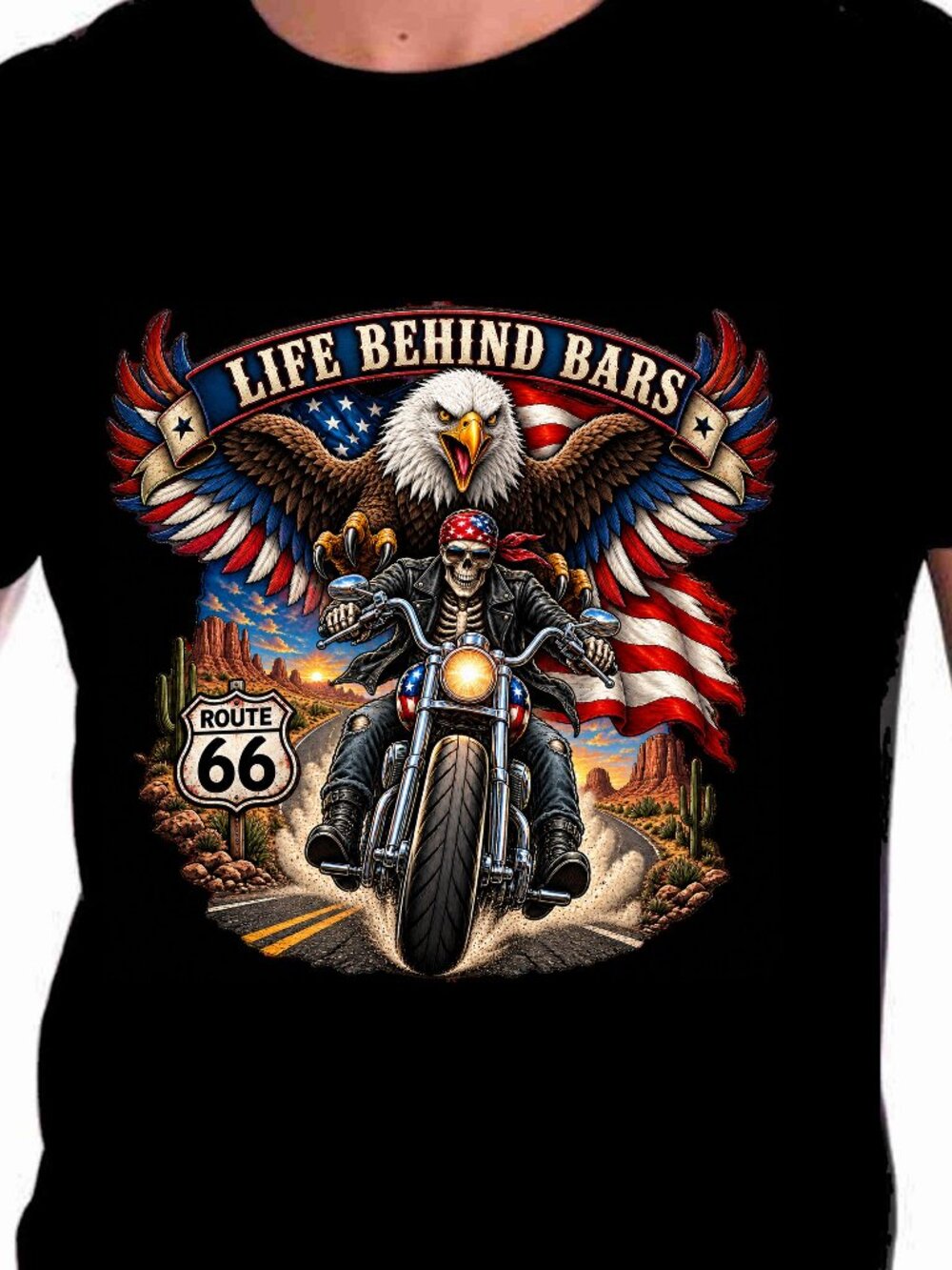 Motorcycle T Shirt Life Behind Bars Hwy Rt 66 100% all Cotton Gildan